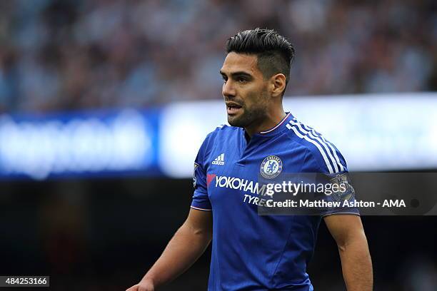 Radamel Falcao of Chelsea during the Barclays Premier League match between Manchester City and Chelsea at the Etihad Stadium on August 16, 2015 in...