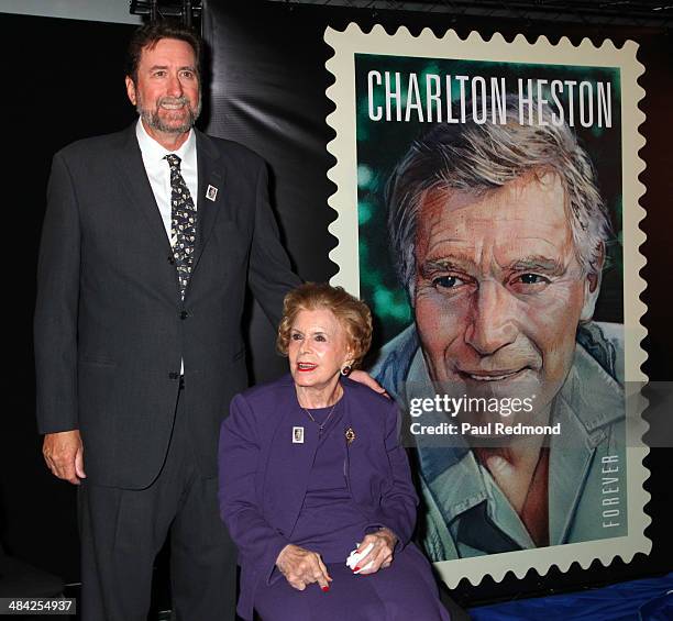 Director Fraser Clarke Heston and his mother Lydia Clarke, wife of Charlton Heston, attend the Dedication Ceremony For Charlton Heston Forever Stamp...