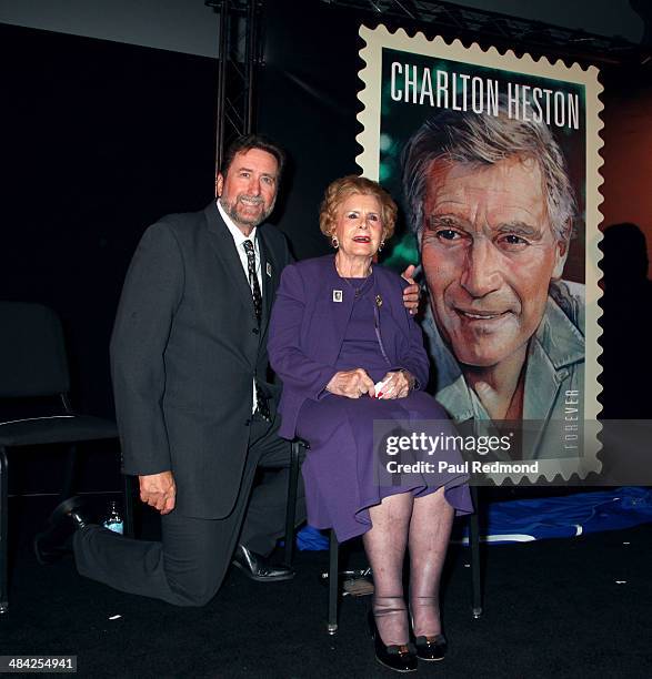 Director Fraser Clarke Heston and his mother Lydia Clarke, wife of Charlton Heston, attend the Dedication Ceremony For Charlton Heston Forever Stamp...