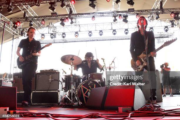 Judah Bauer, Russell Simins and Jon Spencer of The Jon Spencer Blues Explosion perform onstage during day 1 of the 2014 Coachella Valley Music & Arts...