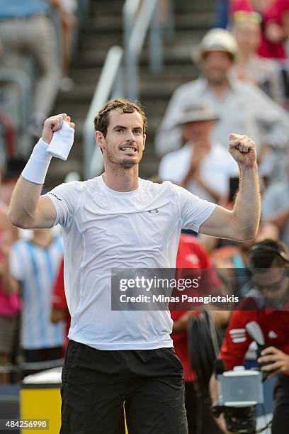 Andy Murray of Great Britain celebrates after defeating Novak Djokovic of Serbia 6-4, 4-6, 6-3 during day seven of the Rogers Cup at Uniprix Stadium...