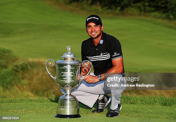 Jason Day of Australia poses with the Wanamaker Trophy after winning the 2015 PGA Championship with a score of 20-under par at Whistling Straits on...