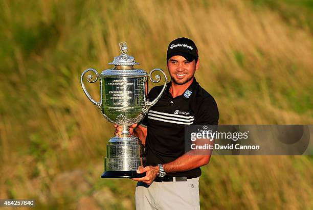 Jason Day of Australia poses with the Wanamaker Trophy after winning the 2015 PGA Championship with a score of 20-under par at Whistling Straits on...