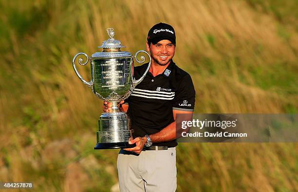 Jason Day of Australia poses with the Wanamaker Trophy after winning the 2015 PGA Championship with a score of 20-under par at Whistling Straits on...