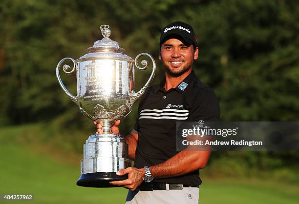 Jason Day of Australia poses with the Wanamaker Trophy after winning the 2015 PGA Championship with a score of 20-under par at Whistling Straits on...