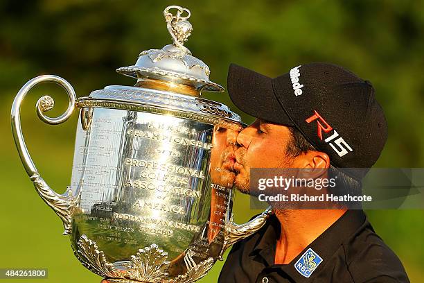 Jason Day of Australia kisses the Wanamaker trophy after winning the 2015 PGA Championship with a score of 20-under par at Whistling Straits on...