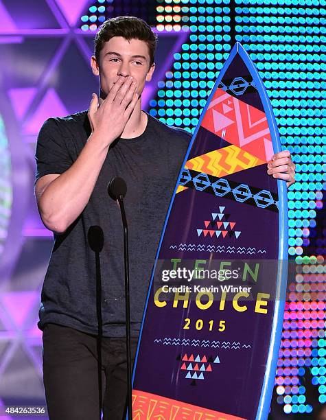 Singer/songwriter Shawn Mendes accepts the Choice Music Web Star Music award onstage during the Teen Choice Awards 2015 at the USC Galen Center on...