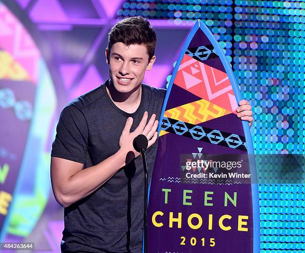 Singer/songwriter Shawn Mendes accepts the Choice Music Web Star Music award onstage during the Teen Choice Awards 2015 at the USC Galen Center on...