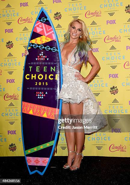 Singer Britney Spears poses in the press room during the Teen Choice Awards 2015 at the USC Galen Center on August 16, 2015 in Los Angeles,...