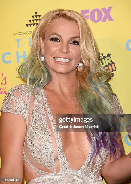 Singer Britney Spears poses in the press room during the Teen Choice Awards 2015 at the USC Galen Center on August 16, 2015 in Los Angeles,...