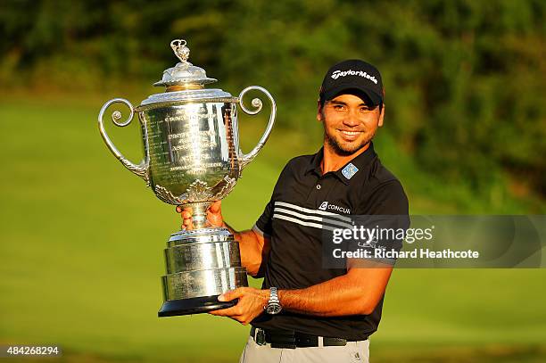 Jason Day of Australia poses with the Wanamaker Trophy after winning the 2015 PGA Championship with a score of 20-under par at Whistling Straits on...