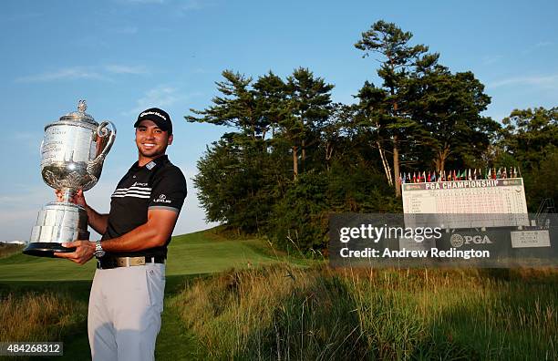 Jason Day of Australia poses with the Wanamaker Trophy after winning the 2015 PGA Championship with a score of 20-under par at Whistling Straits on...