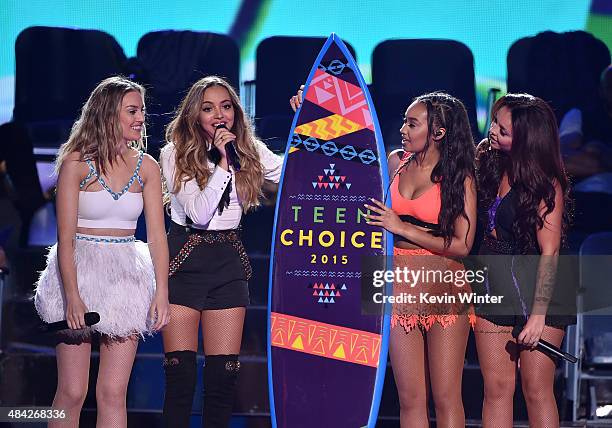 Singers Perrie Edwards, Jade Thirlwall, Leigh-Anne Pinnock and Jesy Nelson of Little Mix accept the Choice Music Group: Female onstage during the...