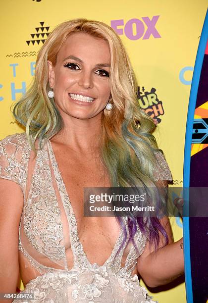 Singer Britney Spears poses in the press room during the Teen Choice Awards 2015 at the USC Galen Center on August 16, 2015 in Los Angeles,...