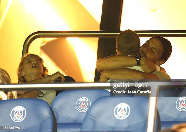 Zlatan Ibrahimovic of PSG and his sons Maximilian Ibrahimovic and Vincent Ibrahimovic attend the French Ligue 1 match between Paris Saint-Germain FC...