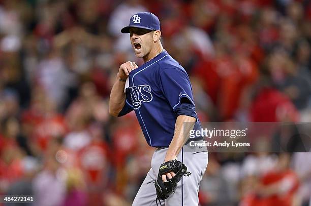 Grant Balfour of the Tampa Bay Rays celebrates after the final out of the 2-1 win over the Cincinnati Reds at Great American Ball Park on April 11,...