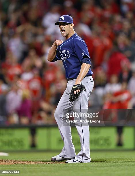 Grant Balfour of the Tampa Bay Rays celebrates after the final out of the 2-1 win over the Cincinnati Reds at Great American Ball Park on April 11,...