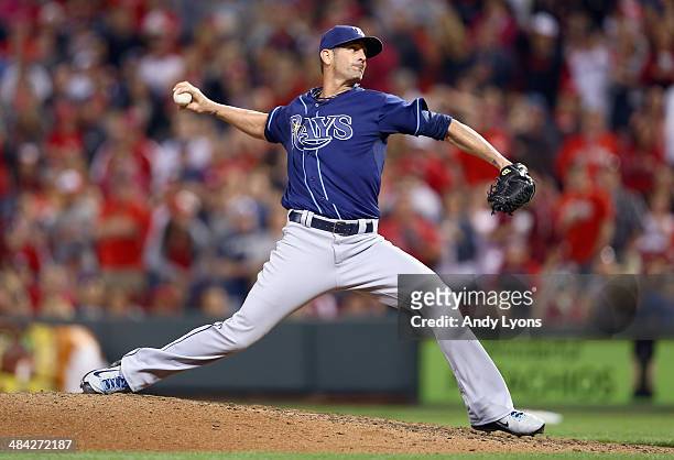 Grant Balfour of the Tampa Bay Rays throws a pitch in the 9th inning of the 2-1 win over the Cincinnati Reds at Great American Ball Park on April 11,...