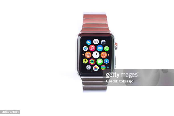 apple watch 42mm stainless steel with link bracelet - apple watch stock pictures, royalty-free photos & images