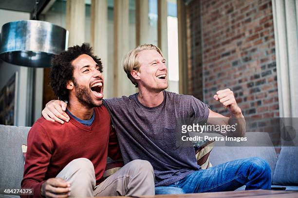 two friends watching sports on tv - fist celebrating stock-fotos und bilder
