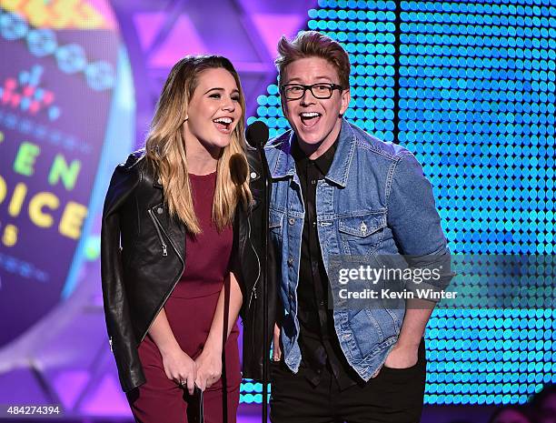 Singer Bea Miller and internet personality Tyler Oakley speak onstage during the Teen Choice Awards 2015 at the USC Galen Center on August 16, 2015...