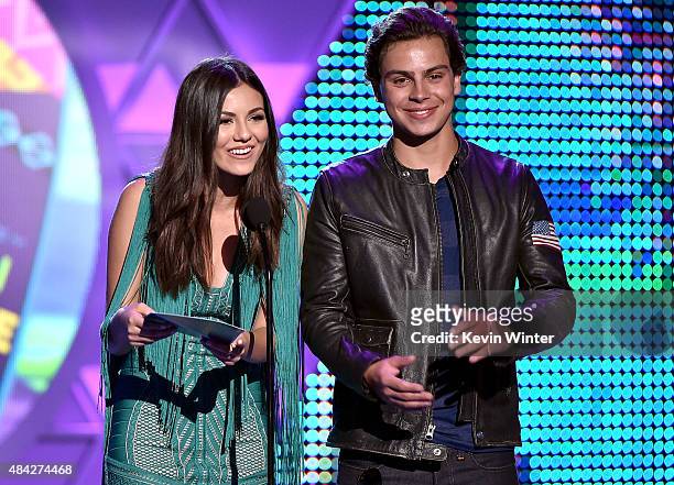 Actors Victoria Justice and Jake T. Austin speak onstage during the Teen Choice Awards 2015 at the USC Galen Center on August 16, 2015 in Los...