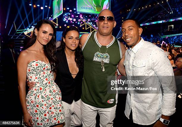 Actors Jordana Brewster, Michelle Rodriguez, Vin Diesel and Ludacris attend the Teen Choice Awards 2015 at the USC Galen Center on August 16, 2015 in...