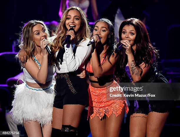 Singers Perrie Edwards, Jade Thirlwall, Leigh-Anne Pinnock and Jesy Nelson of Little Mix perform onstage during the Teen Choice Awards 2015 at the...