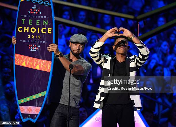 Actors Jussie Smollett and Bryshere 'Yazz' Gray accept the Choice TV Award for Breakout Show for Empire onstage at the Teen Choice Awards 2015 at the...
