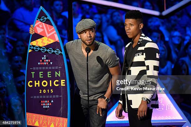 Actors Jussie Smollett and Bryshere 'Yazz' Gray accept the Choice TV Award for Breakout Show for Empire onstage at the Teen Choice Awards 2015 at the...