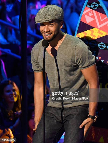 Actor Jussie Smollett accepts the Choice TV Award for Breakout Show for Empire onstage at the Teen Choice Awards 2015 at the USC Galen Center on...