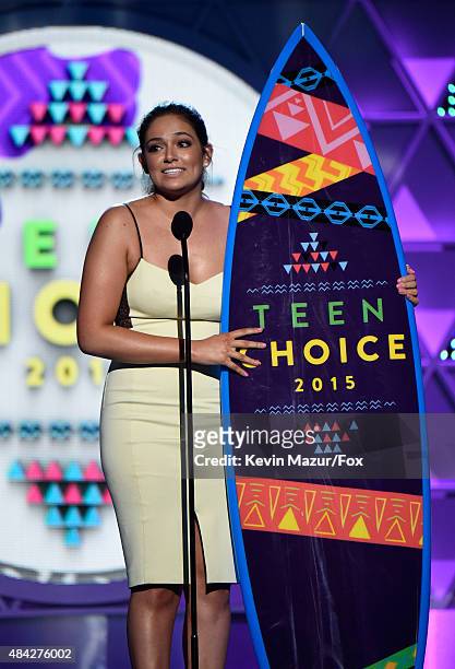 Blogger Bethany Mota, accepts the award for the Choice Web Star: Female, onstage during the Teen Choice Awards 2015 at the USC Galen Center on August...