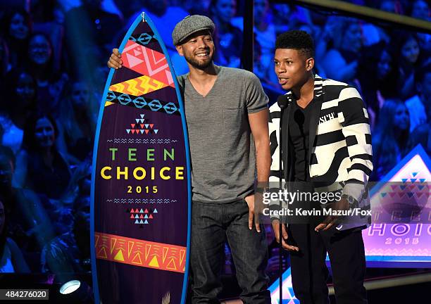 Actors Jussie Smollett and Bryshere 'Yazz' Gray accept the Choice TV Award for Breakout Show for Empire onstage at the Teen Choice Awards 2015 at the...