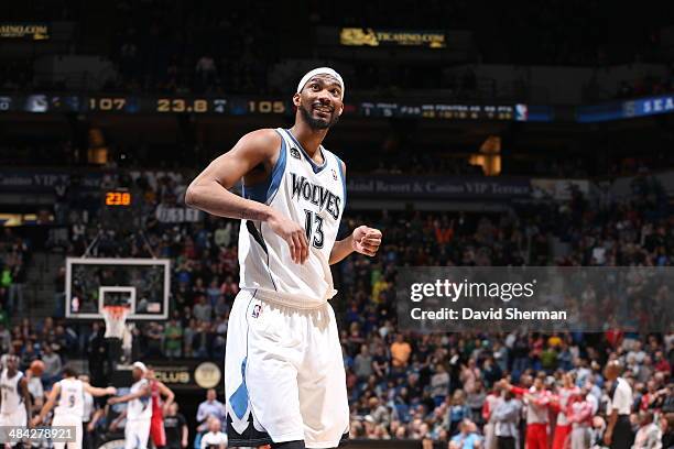 April 11: Corey Brewer of the Minnesota Timberwolves looks on during the game against the Houston Rockets on April 11, 2014 at Target Center in...