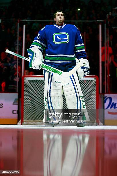 Jacob Markstrom of the Vancouver Canucks looks on from his crease during their NHL game against the Colorado Avalanche at Rogers Arena April 10, 2014...