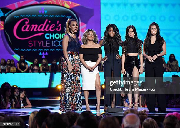 Singers Dinah Jane Hansen, Ally Brooke Hernandez, Normani Kordei, Camila Cabello and Lauren Jauregui of Fifth Harmony speak onstage during the Teen...