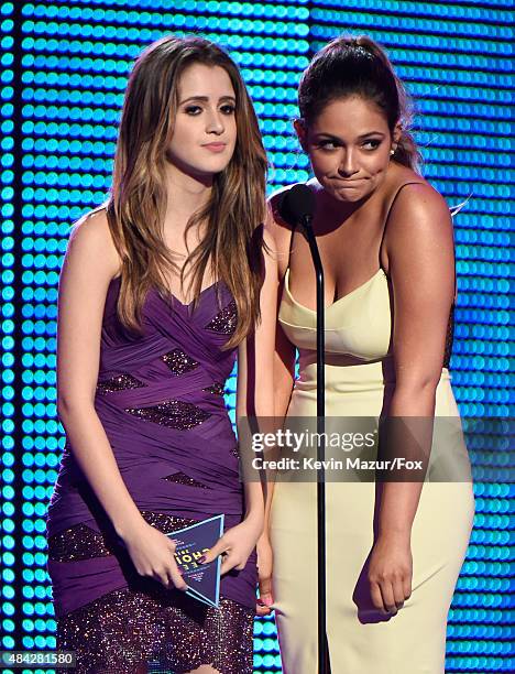 Actress Laura Marano and blogger Bethany Mota speak onstage at the Teen Choice Awards 2015 at the USC Galen Center on August 16, 2015 in Los Angeles,...