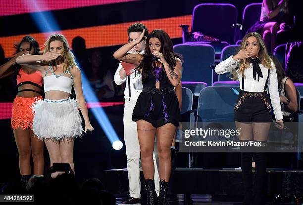 Singers Leigh-Anne Pinnock, Perrie Edwards, Jesy Nelson and Jade Thirlwall of Little Mix perform onstage during the Teen Choice Awards 2015 at the...