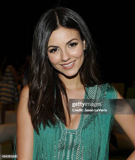 Actress Victoria Justice poses in the green room at the 2015 Teen Choice Awards at Galen Center on August 16, 2015 in Los Angeles, California.