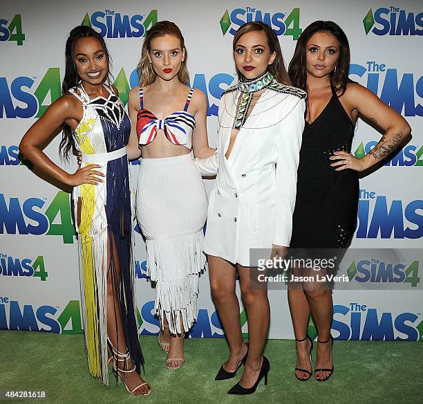 Leigh-Anne Pinnock, Perrie Edwards, Jade Thirlwall and Jesy Nelson of Little Mix pose in the green room at the 2015 Teen Choice Awards at Galen...