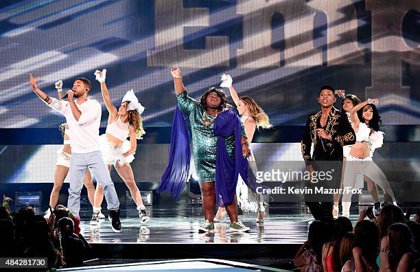 Actor/singer Jussie Smollett, actress Gabourey Sidibe and actor/singer Bryshere "Yazz" Gray perform onstage during the Teen Choice Awards 2015 at the...