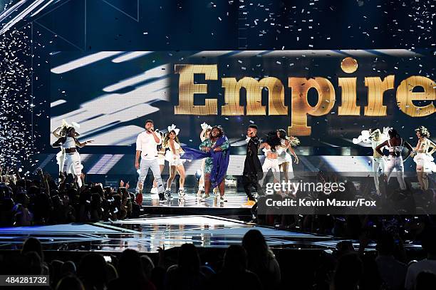 Actor/singer Jussie Smollett, actress Gabourey Sidibe and actor/singer Bryshere "Yazz" Gray perform onstage during the Teen Choice Awards 2015 at the...