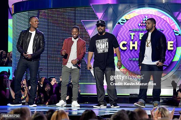 Actors Corey Hawkins, Jason Mitchell, actor/recording artist Ice Cube and actor O'Shea Jackson Jr. Speak onstage during the Teen Choice Awards 2015...