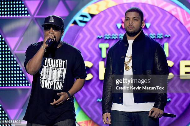 Actor/recording artist Ice Cube and actor O'Shea Jackson Jr. Speak onstage during the Teen Choice Awards 2015 at the USC Galen Center on August 16,...