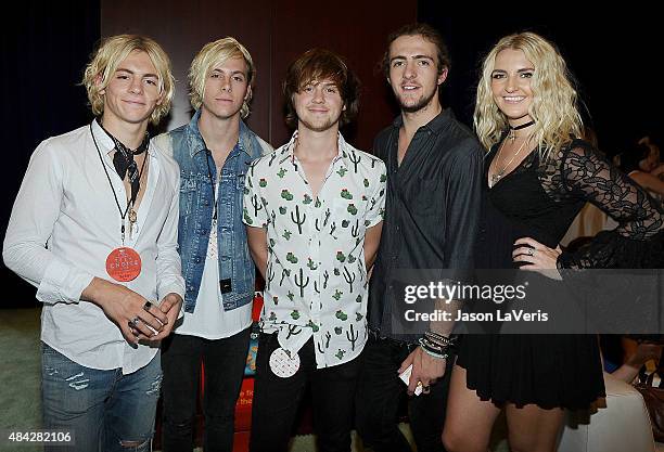 Ross Lynch, Riker Lynch, Ellington Ratliff, Rocky Lynch and Rydel Lynch of R5 pose in the green room at the 2015 Teen Choice Awards at Galen Center...