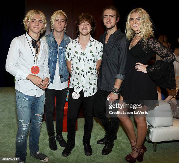 Ross Lynch, Riker Lynch, Ellington Ratliff, Rocky Lynch and Rydel Lynch of R5 pose in the green room at the 2015 Teen Choice Awards at Galen Center...