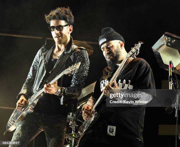 Musicians Dave 1 and P-Thugg of Chromeo perform onstage during day 1 of the 2014 Coachella Valley Music & Arts Festival at the Empire Polo Club on...