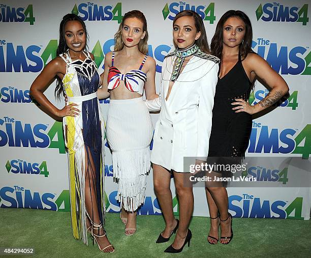 Leigh-Anne Pinnock, Perrie Edwards, Jade Thirlwall and Jesy Nelson of Little Mix pose in the green room at the 2015 Teen Choice Awards at Galen...