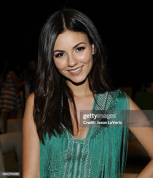 Actress Victoria Justice poses in the green room at the 2015 Teen Choice Awards at Galen Center on August 16, 2015 in Los Angeles, California.