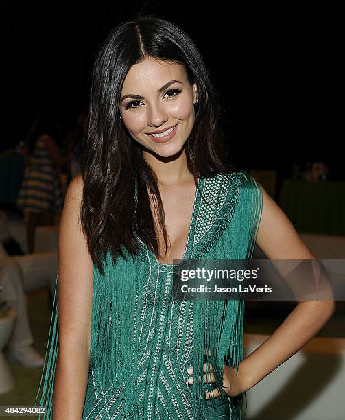 Actress Victoria Justice poses in the green room at the 2015 Teen Choice Awards at Galen Center on August 16, 2015 in Los Angeles, California.